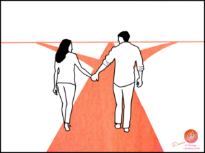 Marriage at a crossroads. One couple holding hands with multiple different paths in front of them.