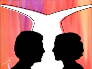 Marriage at a crossroads. One couple in the shadows with 2 different paths in front of them.